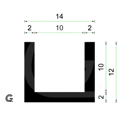 Rubber U Profiel| binnenmaat 10 mm | hoogte 12 mm | dikte 2 mm | Per Meter